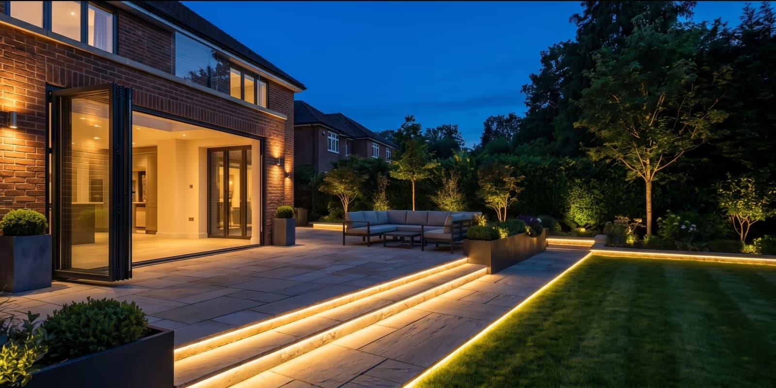 Garden patio after warm exterior step and landscape lighting installation