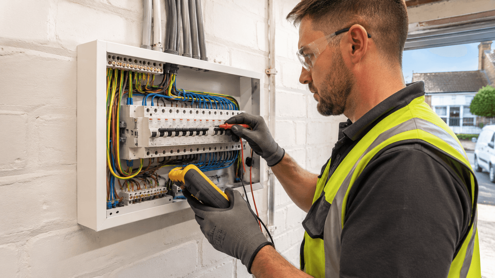 Electrician testing a consumer unit during emergency fault finding
