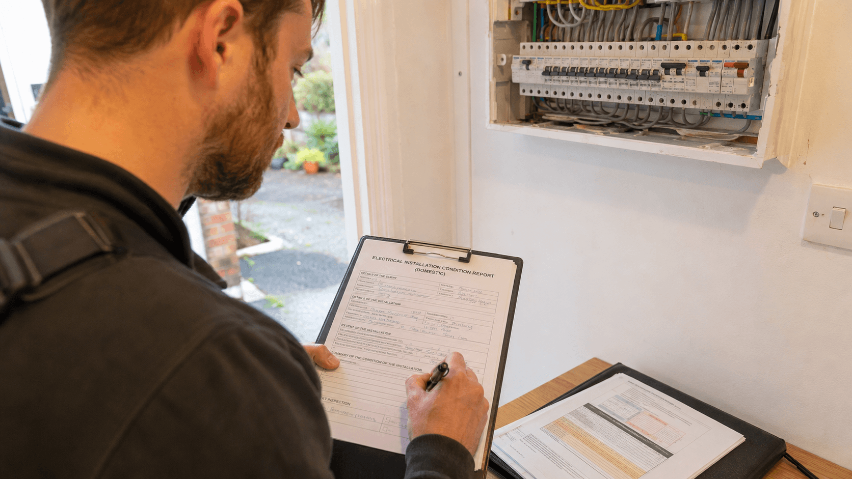 Electrician completing an Electrical Installation Condition Report beside a fuse board
